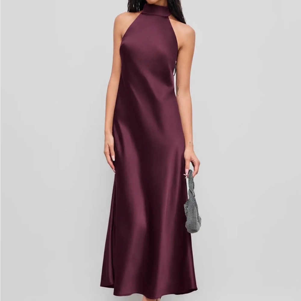 Burgundy Satin Halter Midi Dress - Deep Purple